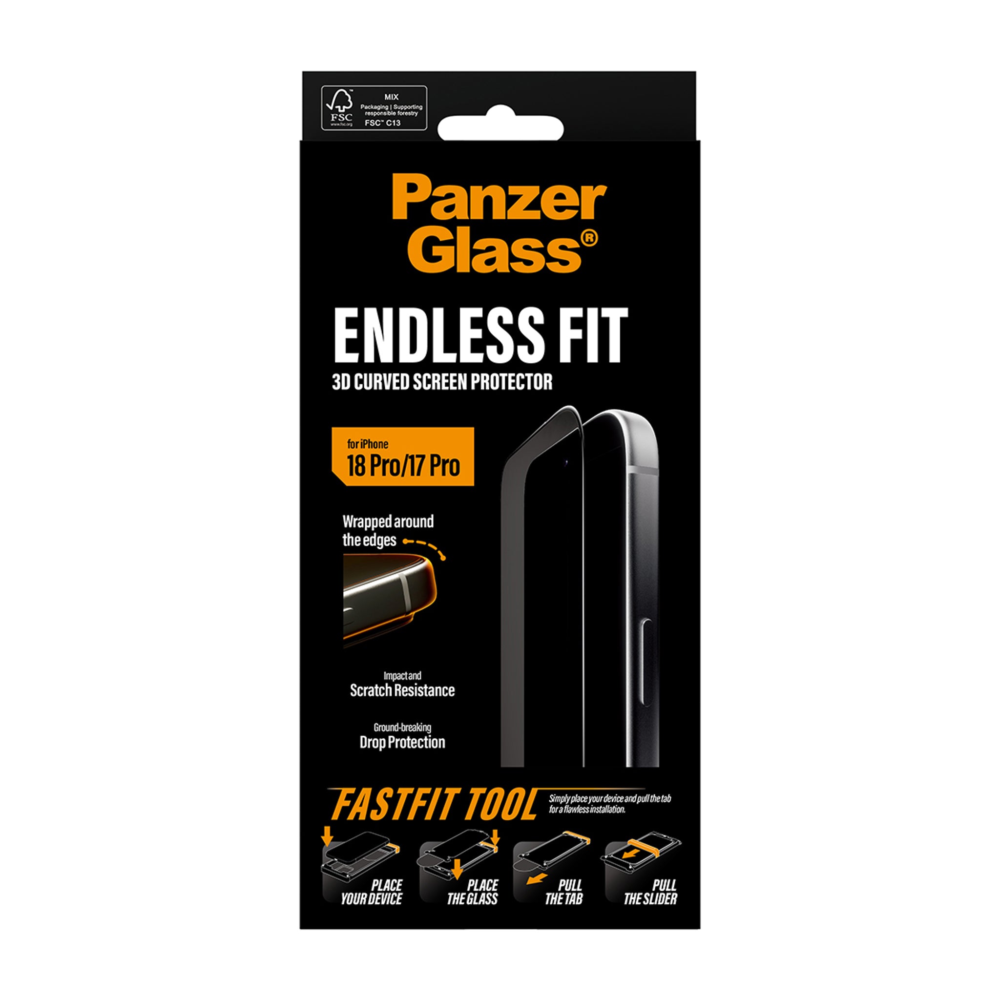 PanzerGlass® Endless Fit 3D Curve Screen Protector iPhone 18 Pro | 17 Pro w. FastFit Tool